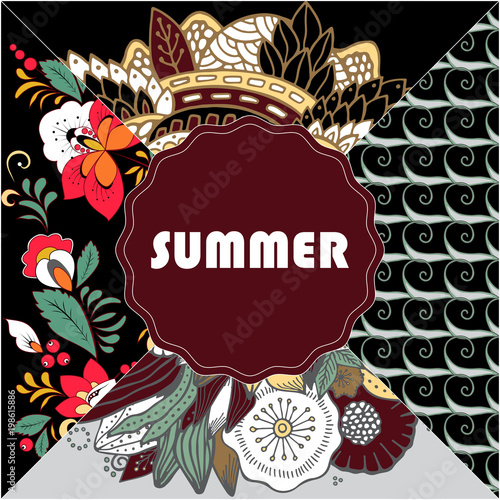 stock vector spring floral pattern with word Summer. patchwork design. banner or card template