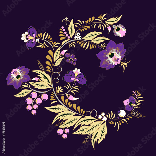 stock vector abstract  flowers and waves, doodle floral bouquet. oriental or arabic, russia textile design. template for card. banner. botanic set