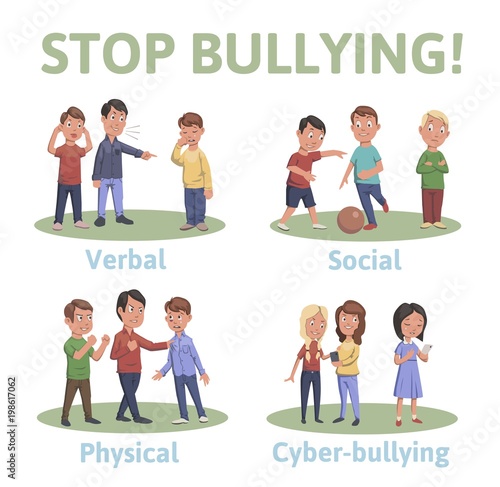 Stop bullying in the school. 4 types of bullying: verbal, social, physical, cyberbullying. Cartoon vector illustration, isolated on white background.