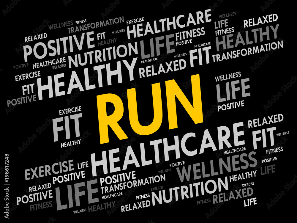 RUN word cloud, fitness, sport, health concept background