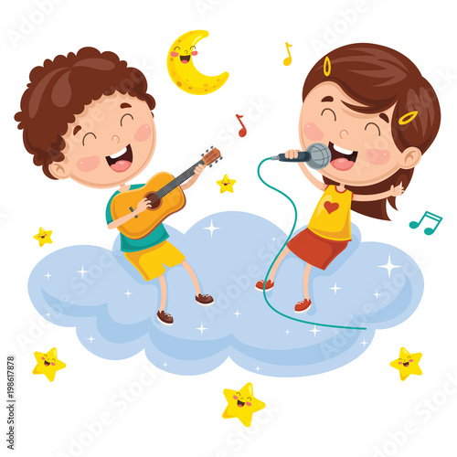 Vector Illustration Of Kids Making Music On Cloud