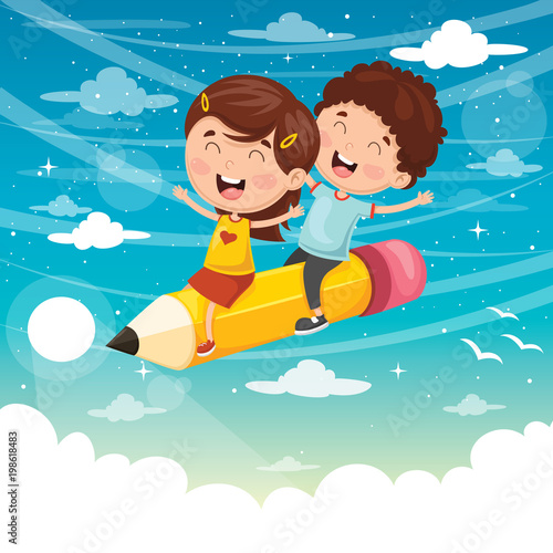 Vector Illustration Of Kids Flying With Pencil
