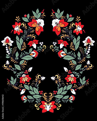 stock vector flowers and leaf ornament. oriental or russian pattern.necklace embroidery design