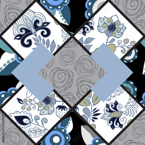 abstract seamless patchwork tile with floral ornament.arabic or orient pattern. vintage style