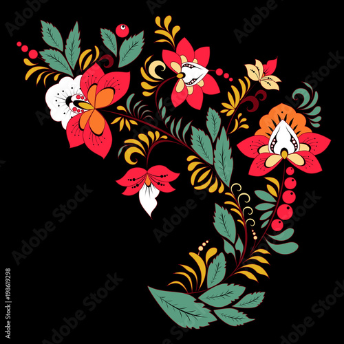 stock vector abstract  flowers and waves, doodle floral bouquet. oriental or arabic, russia textile design. template for card. banner. botanic set