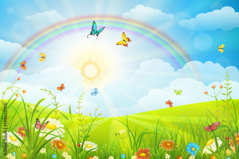 Summer or spring scene with green grass, flowers butterflies and rainbow