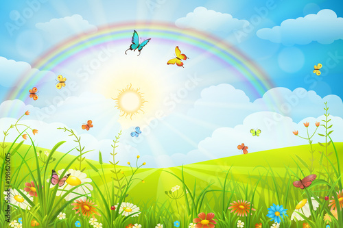 Summer or spring scene with green grass  flowers butterflies and rainbow