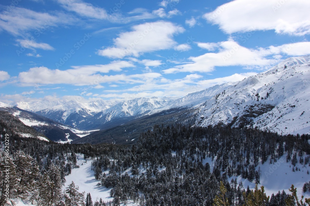 Winter alpine landscape in Val Mustair, Switzerland (Ofenpass)