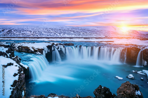 Godafoss waterfall at sunset in winter, Iceland. photo