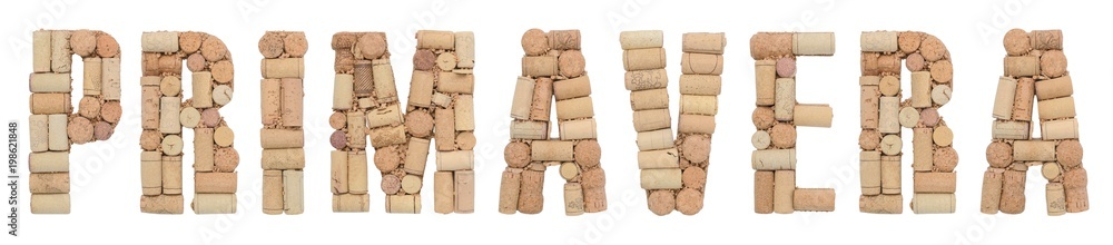 Word Spring in Italian Primavera made of wine corks isolated on white