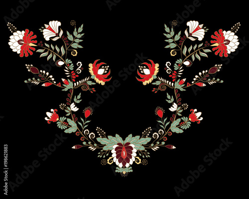 stock vector flowers and leaf ornament. oriental or russian pattern.necklace embroidery design