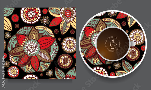 vector seamless orient floral pattern with cup and plate. russian design