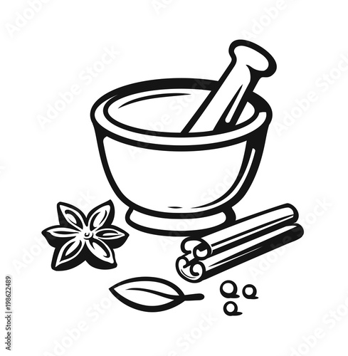 Mortar and Pestle with spices outline style.