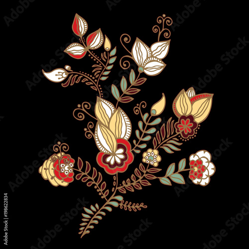 stock vector abstract hand draw flower and wave, doodle bouquet. oriental or arabic, russia textile design. template for card. banner
