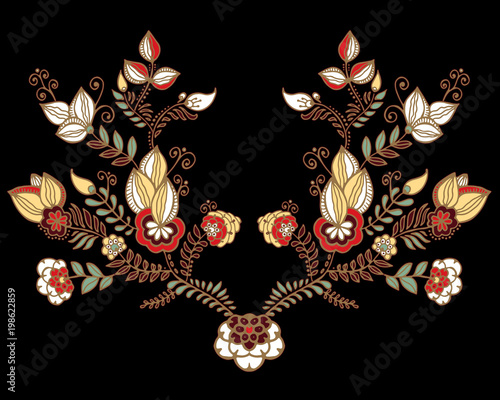 stock vector flowers and leaf ornament. oriental or russian pattern.necklace embroidery design