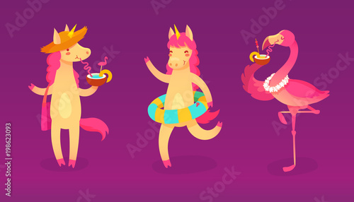 Cool set with cartoon unicorns and flamingo with drinks on summer holidays. Vector trendy collection.