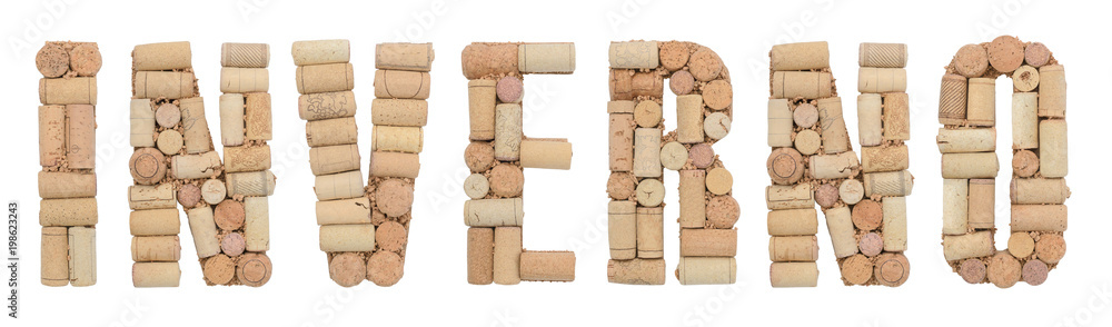 Word Winter in Italian Inverno made of wine corks isolated on white