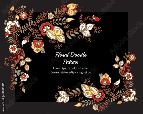 stock vector abstract hand draw flower and wave, doodle bouquet. oriental or arabic, russia textile design. template for card. banner
