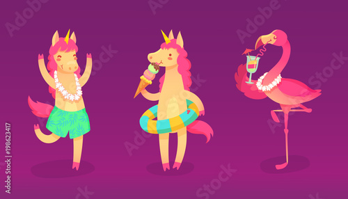 Cool set with cute unicorns and flamingo with drinks on summer holidays. Vector trendy collection.