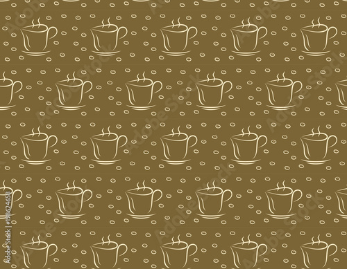 Cup of coffee on   brown background. Seamless pattern for design.Vector Illustration