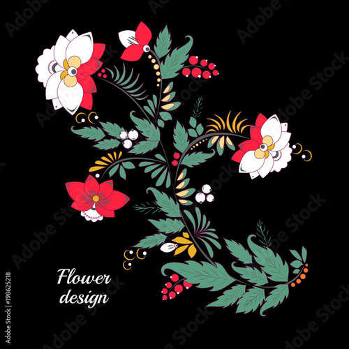 stock vector abstract hand draw flower and wave, doodle bouquet. oriental or arabic, russia textile design. template for card. banner