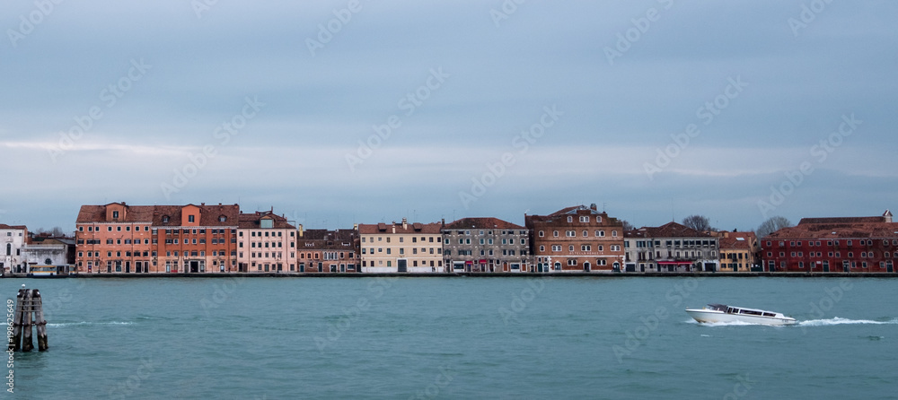 Panoramic view of Giudecca Island taken from the lagoon on a cloudy winter's day.