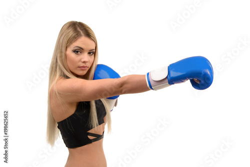 Young boxing woman isolated on white