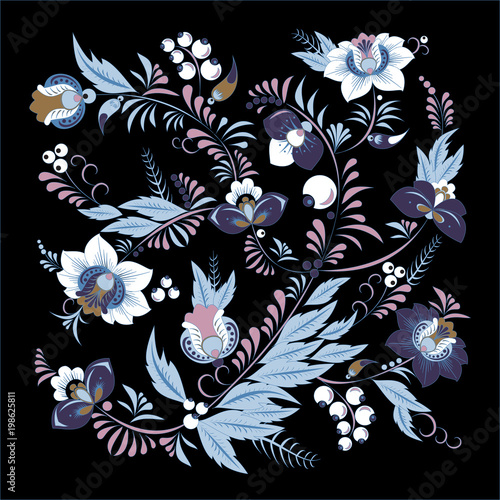 stock vector abstract  flower and wave, doodle bouquet. oriental or arabic, russia textile design. template for card. banner