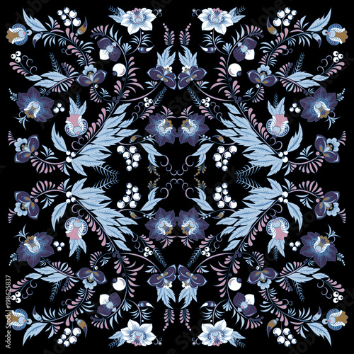 stock vector abstract  flower and wave, doodle bouquet. oriental or arabic, russia textile design. template for card. banner