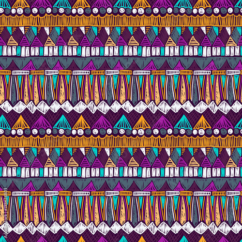 Ethnic pattern. Aztec fabric. Embroidery effect. Tribal ornament. Brazilian or Mexican print. Clothes or interior design. Boho fashion. Traditional homespun textile. Vector seamless pattern