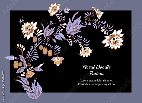 stock vector abstract hand draw flower and wave, doodle bouquet. oriental or arabic, russia textile design. template for card. banner