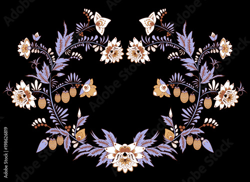 stock vector flowers and leaf ornament. oriental or russian pattern.necklace embroidery design