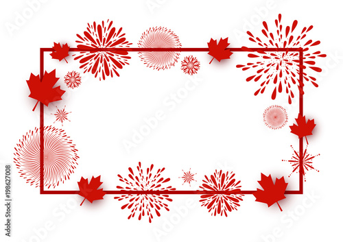 Canada day background design of maple leaves and firework with line frame on white background vector illustration