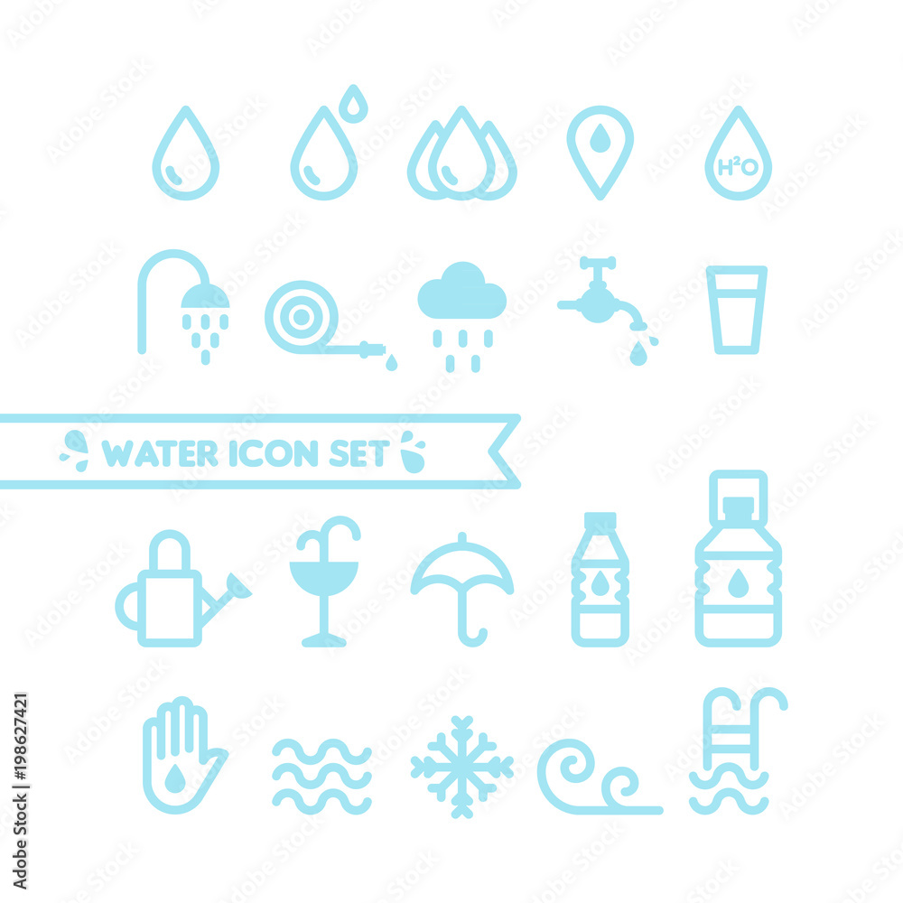 Set: Water and drops icons. Round line style. Minimal outline symbols. Vector illustration, flat design Set: Water and drops icons. Round line style. Minimal outline symbols. Vector illustration, flat design