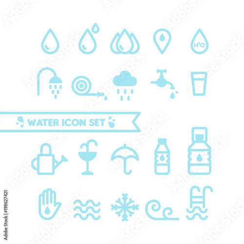 Set  Water and drops icons. Round line style. Minimal outline symbols. Vector illustration  flat design