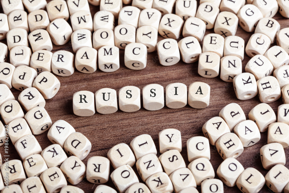Russia, letter dices word Russia, letter dices word