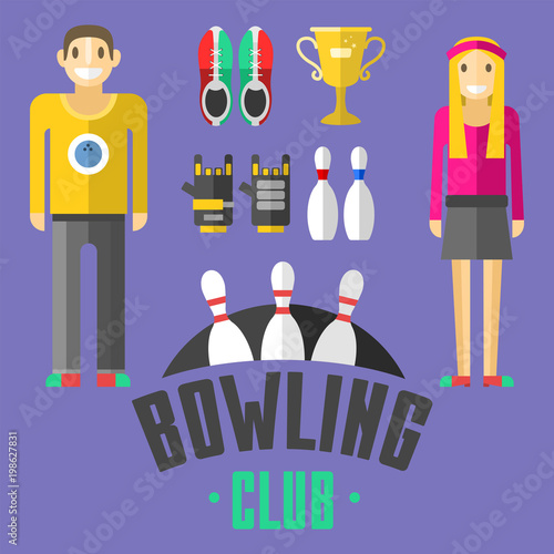 Set of vector colorful bowling icons sport strike pin symbol ball skittle game equipment illustration.
