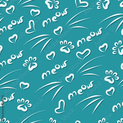 Seamless vector pattern. Cheerful background of hearts, cat's paws and cat's noses with mustaches.