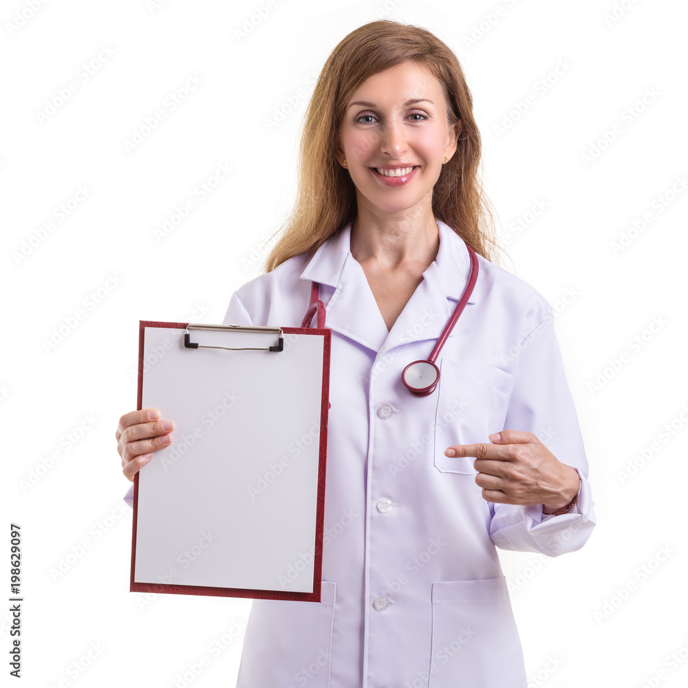 Beautiful caucasian doctor wear white suit and holding white clipboard, paper with red stethoscope isolated on white Beautiful caucasian doctor wear white suit and holding white clipboard, paper with red stethoscope isolated on white
