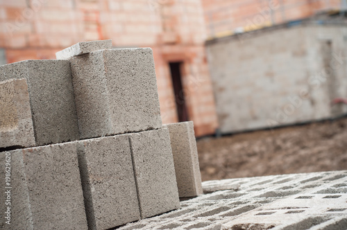 closeup of cement bricks pile in construction site