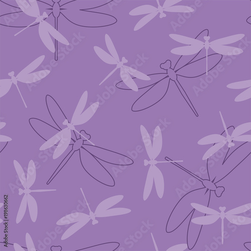 Summer seamless pattern with purple silhouettes of dragonflies. Vector.
