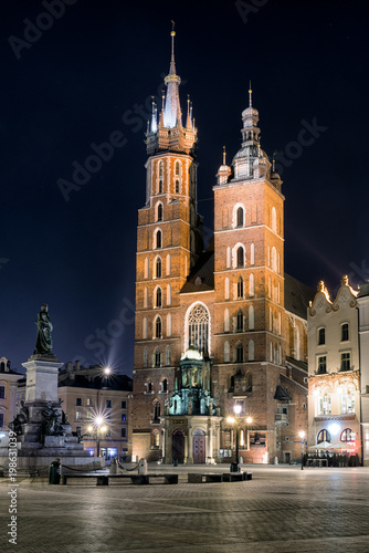 Main square and St. Mary s Basilica in Krakow  Poland