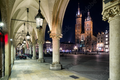 Main square and St. Mary's Basilica in Krakow, Poland