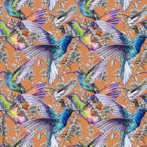 Hand drawn seamless texture with hummingbirds on orange background