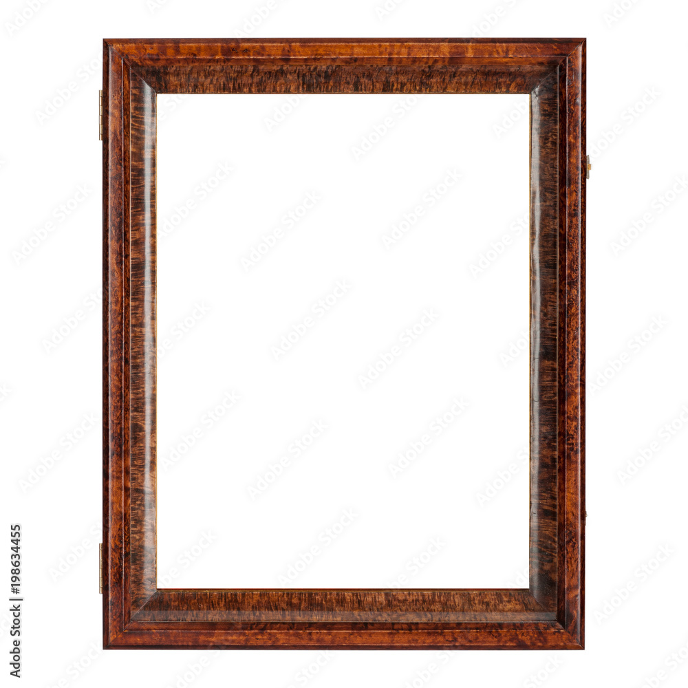Dark brown natural color empty wooden picture frame. Isolated over white background Dark brown natural color empty wooden picture frame. Isolated over white background