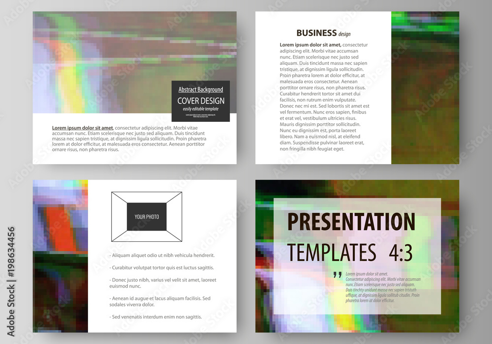 Business templates for presentation slides. Easy editable abstract vector layouts in flat design. Glitched background made of colorful pixel mosaic. Digital decay, signal error, television fail.