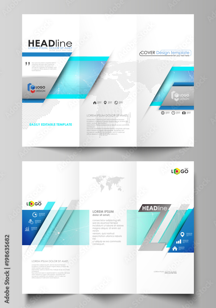 Tri-fold brochure business templates on both sides. Abstract vector layout in flat design. Chemistry pattern, connecting lines and dots, molecule structure, medical DNA research. Medicine concept.