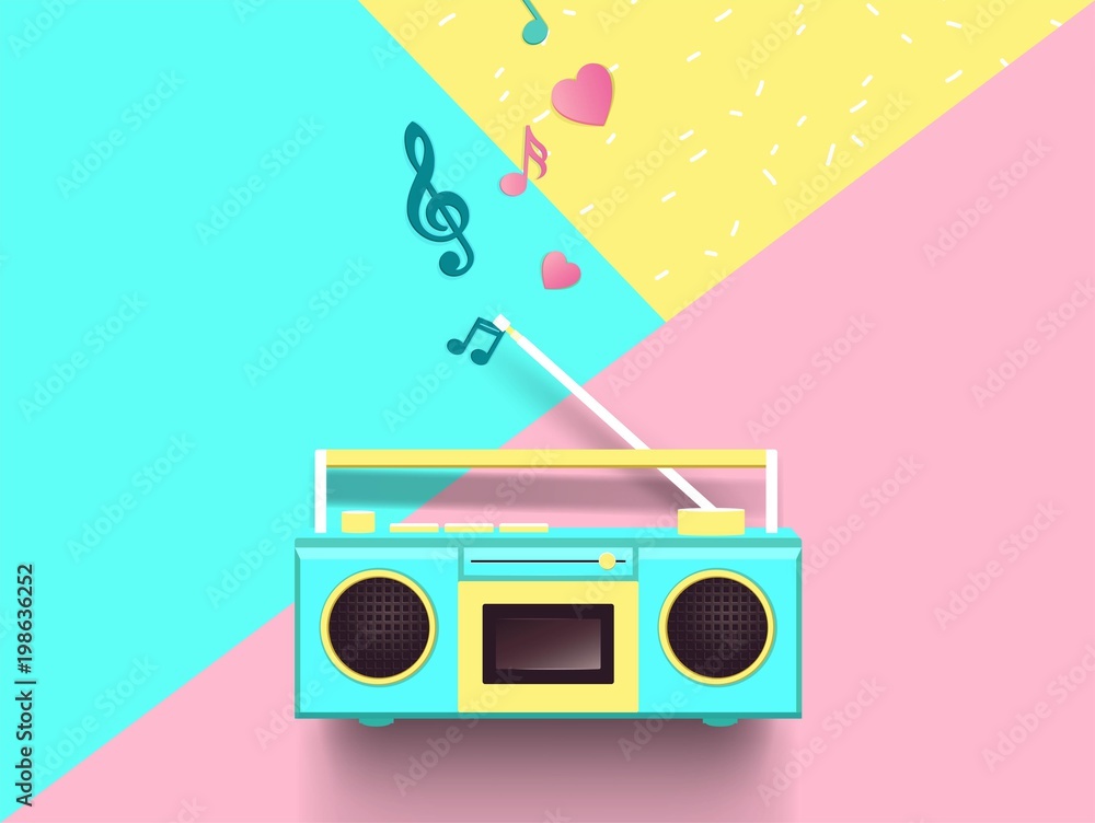 Obraz premium Radio and music notes on colorful background. Top view. Vector illustration
