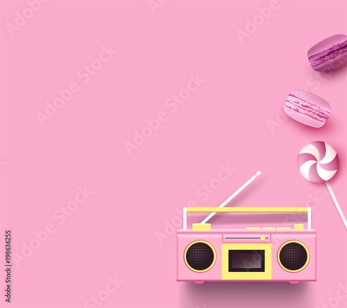 Radio, candy and macarons on pink background. Top view. Vector illustration