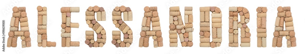 Italian province Alessandria made of wine corks Isolated on white background